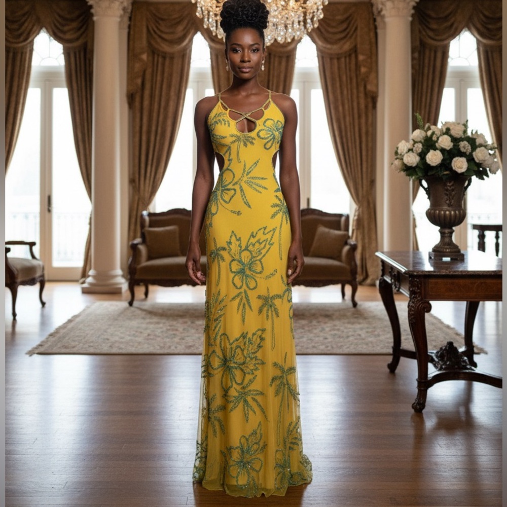 Attitudes by Debra Elegant Yellow hand beaded dress with stunning design
